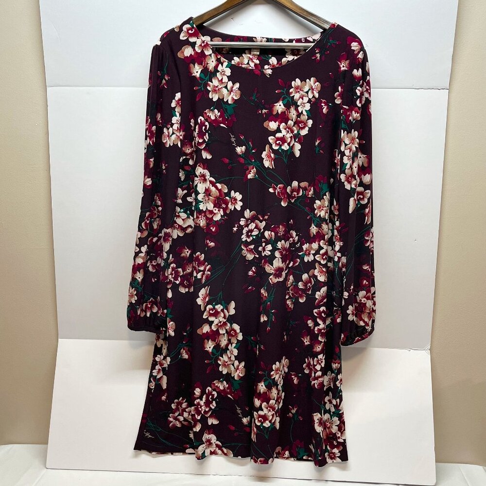 Tommy Hilfiger Women’s Dress Maroon Floral Knee Length Long Sleeve Dress Size 18